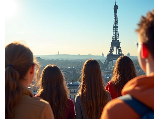 Vue emblématique de Paris avec des étudiants diversifiés, symbolisant l'immersion culturelle et linguistique.
