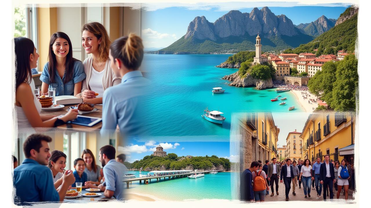 Vue aérienne de paysages caribéens et de villes françaises animées, étudiants en immersion