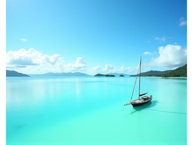 Lagon de Nouvelle-Calédonie avec bateau et montagne au loin
