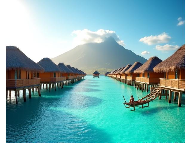 Îles paradisiaques de la Polynésie Française avec bungalows sur pilotis