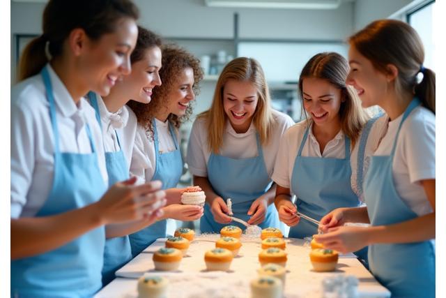 Groupe d'étudiants préparant une pâtisserie française lors d'un atelier culinaire amusant