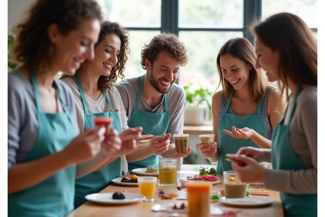 Un groupe d'amis riant et cuisinant ensemble lors d'un atelier, ambiance conviviale