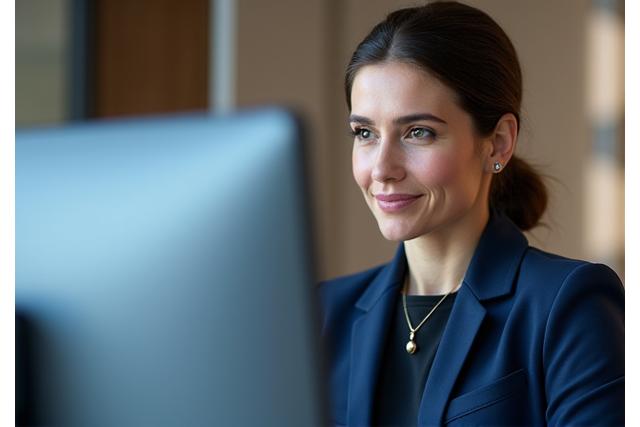 Femme d'affaires en réunion virtuelle, l'air confiant et professionnel