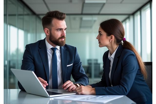 Deux professionnels en costume discutant dans un bureau moderne avec des documents
