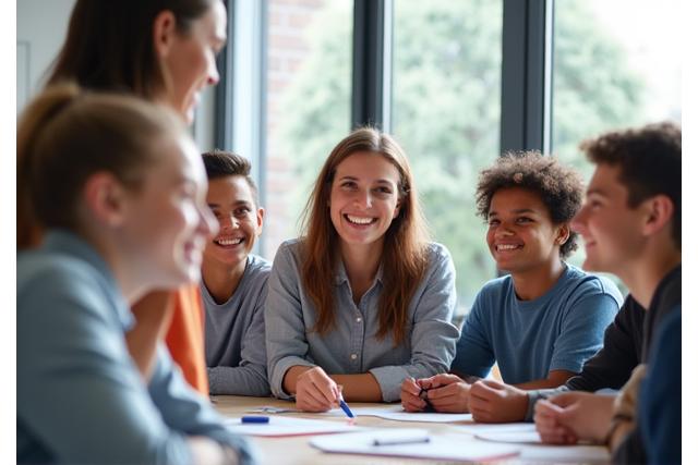 Jeunes étudiants souriants dans une salle de classe moderne avec un professeur français