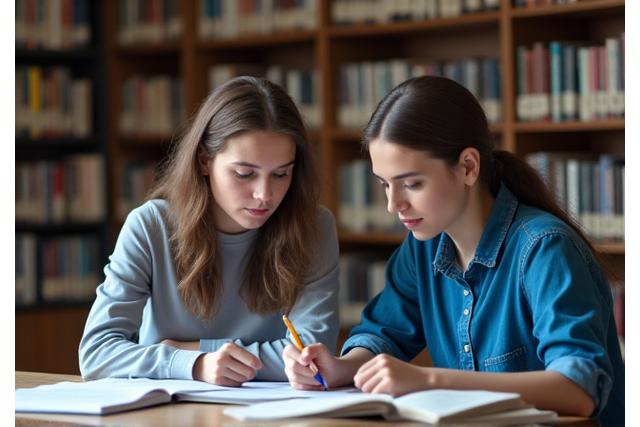 Étudiant et tuteur discutant de documents académiques dans une bibliothèque calme