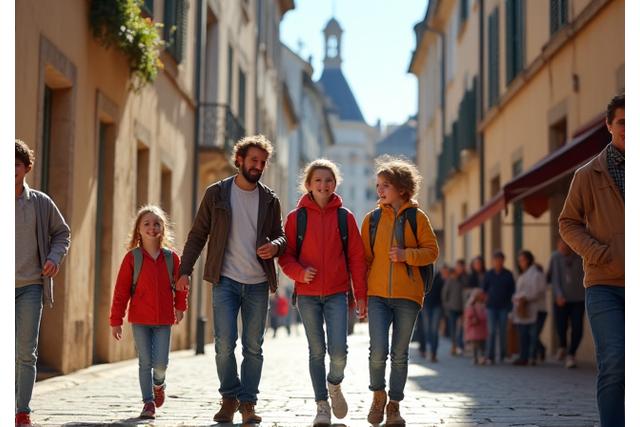 Groupe de jeunes explorant une ville historique française, guidés par un adulte